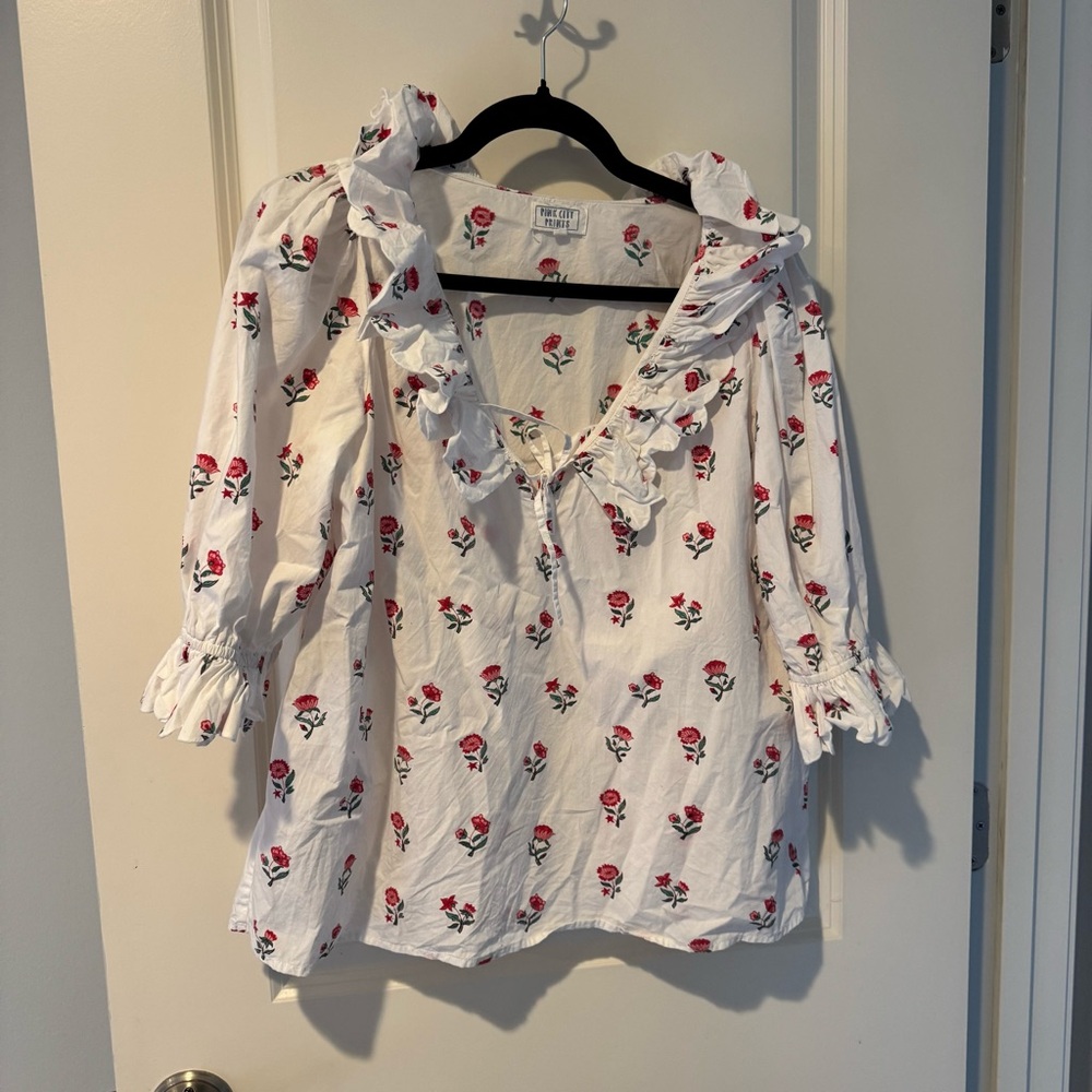 Pink City Prints Scarlet Ditsy Joy Pyjama White and Pink Organic Cotton Top | S - Picture 4 of 9